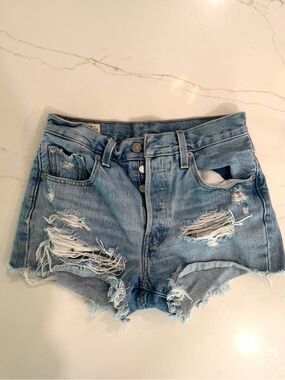 Classic Levi 501 Light Blue Distressed Cutoff Jean Shorts, Waist 25